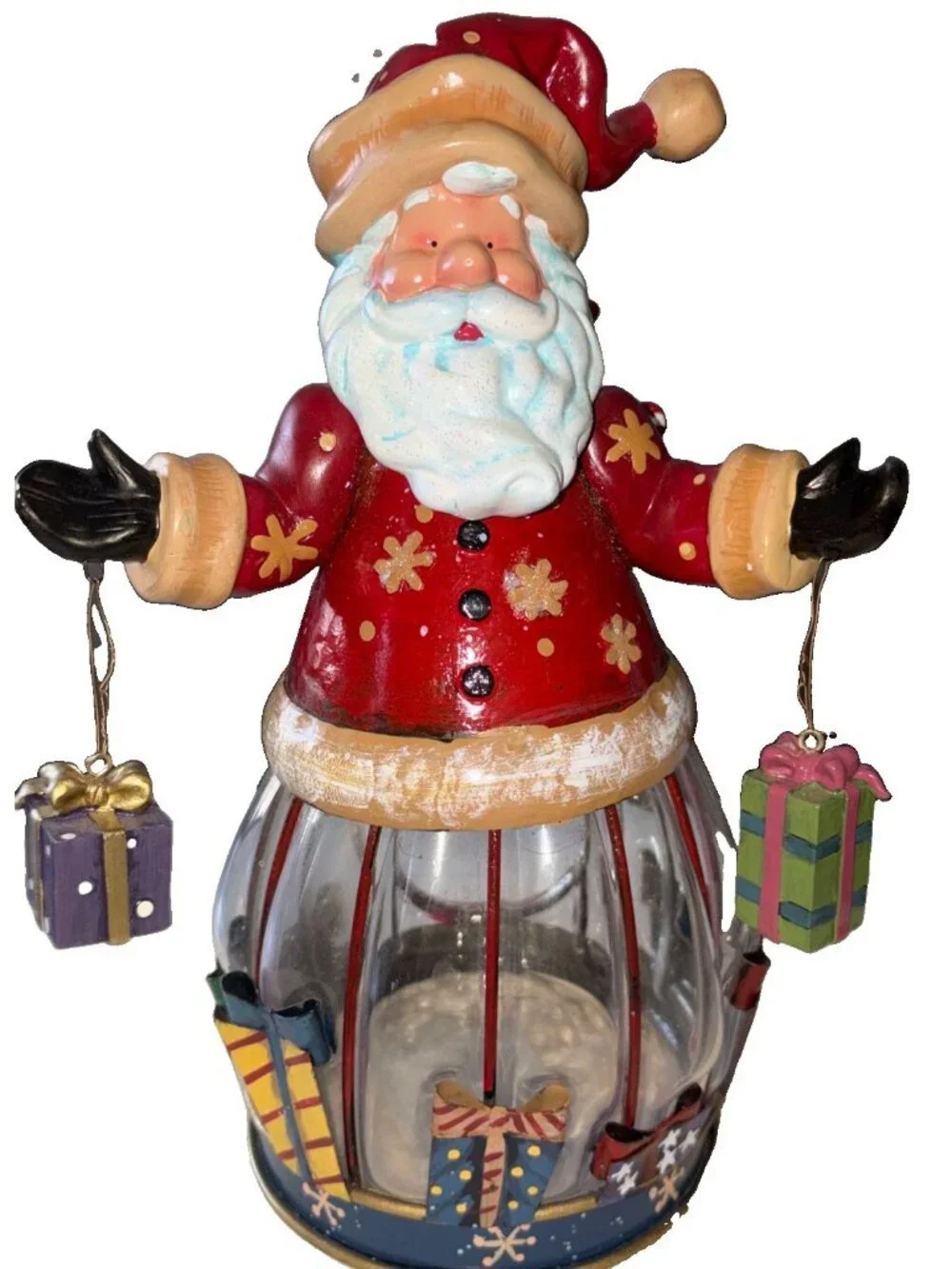 Santa Claus Vintage Glass and Metal Christmas Tea Light Holder-10”